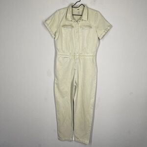 Light Cream Short Sleeve Denim Jumpsuit